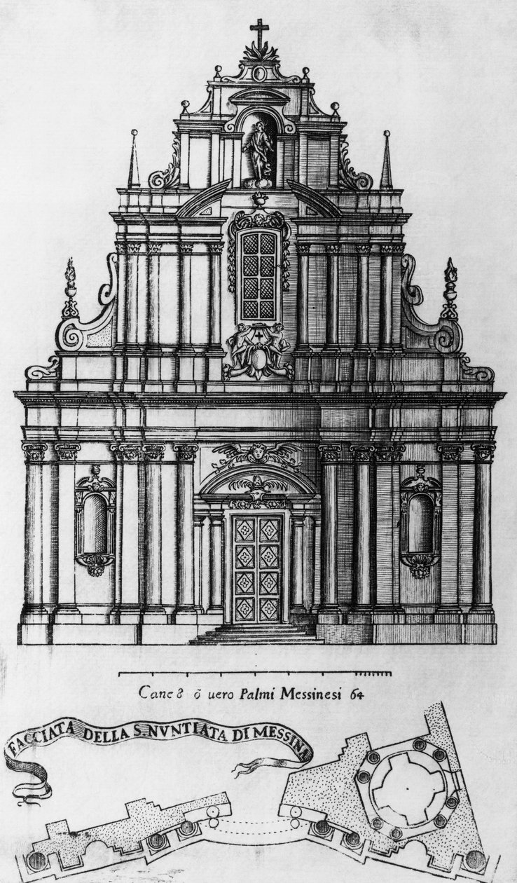 墨西拿报喜教堂的正面和布局，由意大利 Guarino Guarini（1624-1683）雕刻 作者 瓜里诺瓜里尼