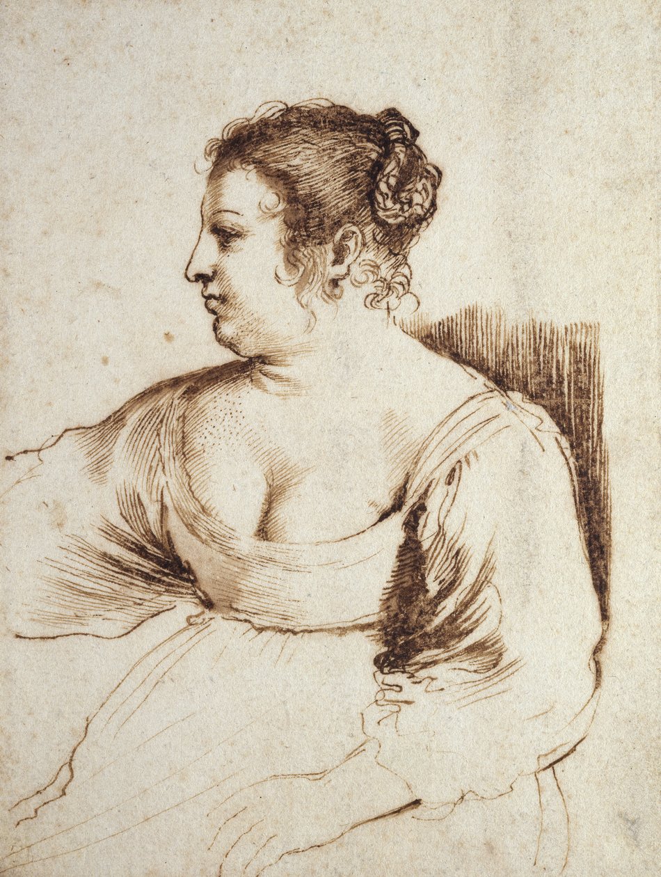 一位女士坐着，1640  -  1649年（笔和棕色墨水，白纸上有棕色水洗） 作者 乔瓦尼·弗朗切斯科·巴尔比里（Il Guercino）