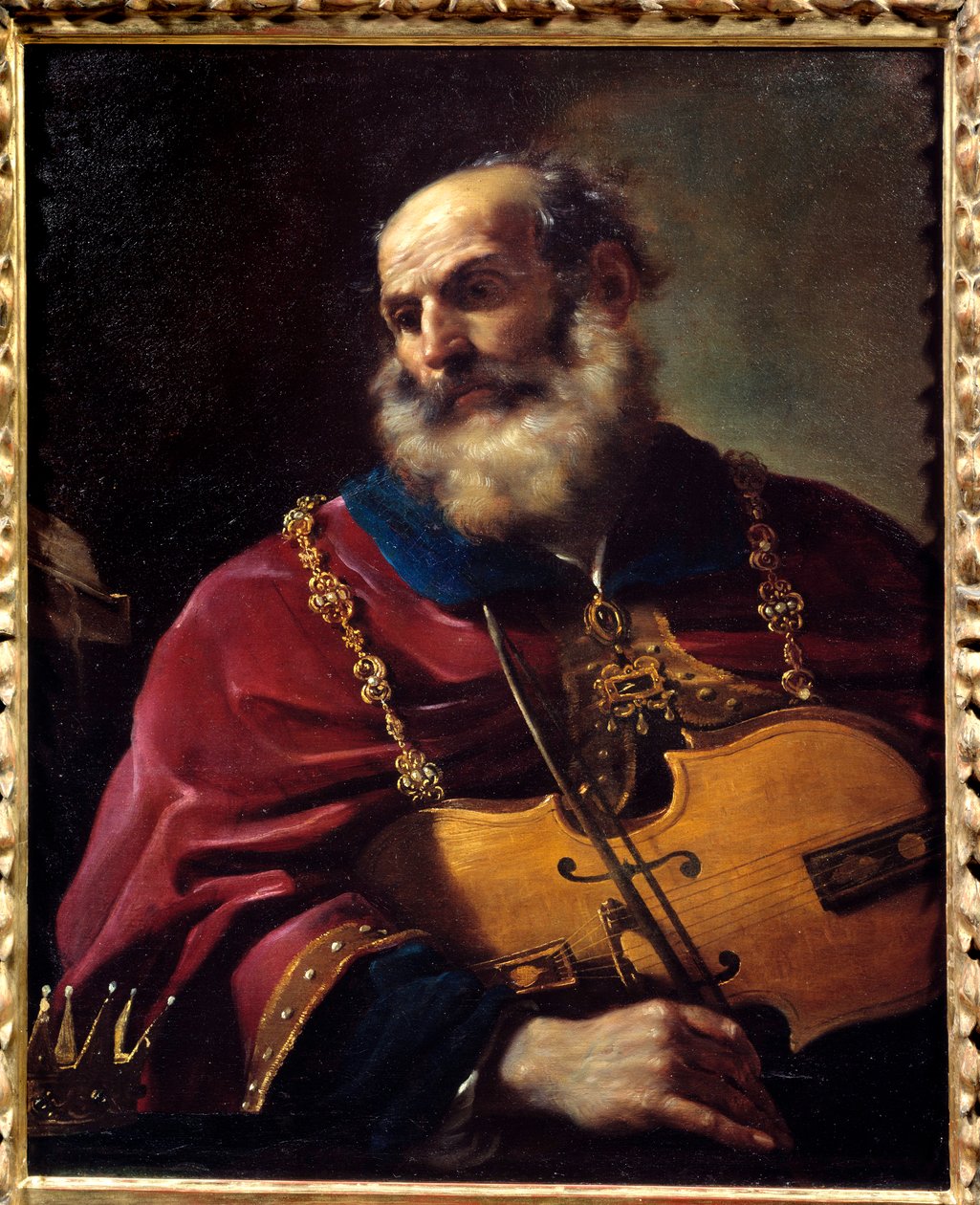 大卫王（拉小提琴）。 Barbieri Giovanni Francesco dit Le Guerchin (1591-1666) 的绘画 作者 格尔奇诺