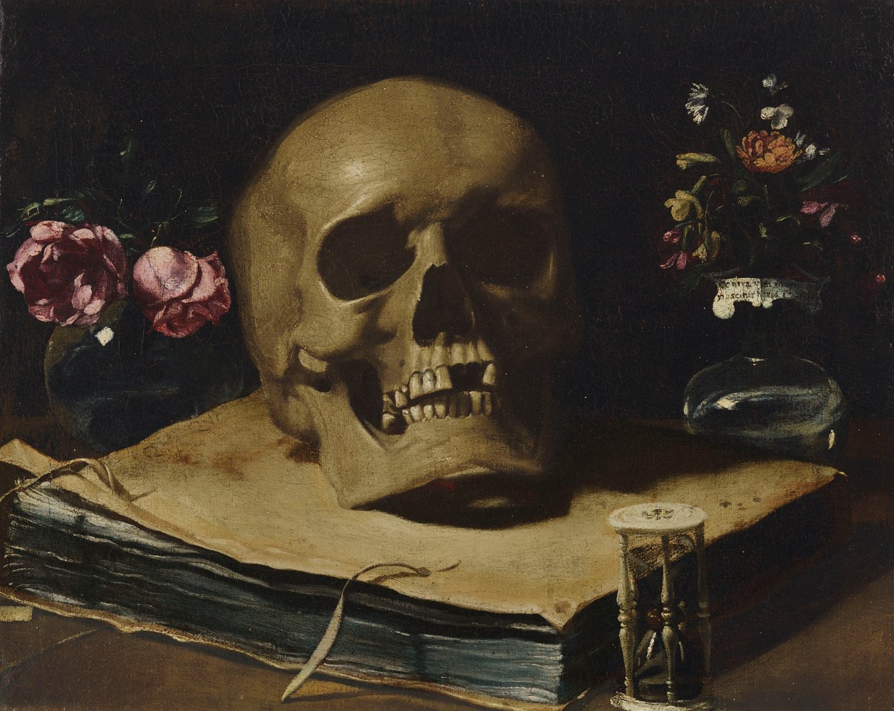 格尔奇诺 - 一幅虚构静物画，画中有一本书、一个沙漏和两个玻璃花瓶上的骷髅头 作者 格尔奇诺