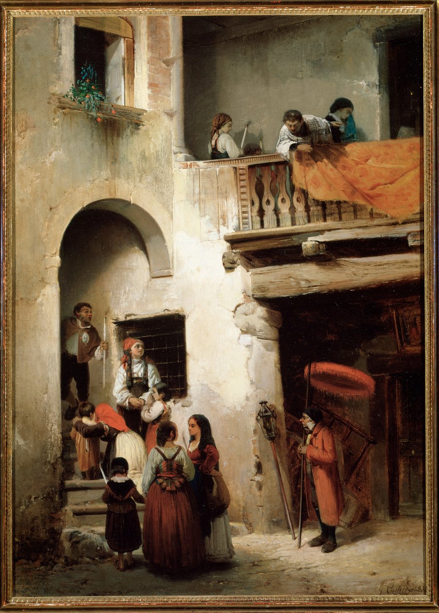 临终涂油，一家人在垂死之人的屋外等待画作 Guglielmo Castoldi (1823-1882) 1858 尺寸 89x64 厘米 Genes，现代艺术画廊，编号 303 作者 古列尔莫·卡斯托尔迪