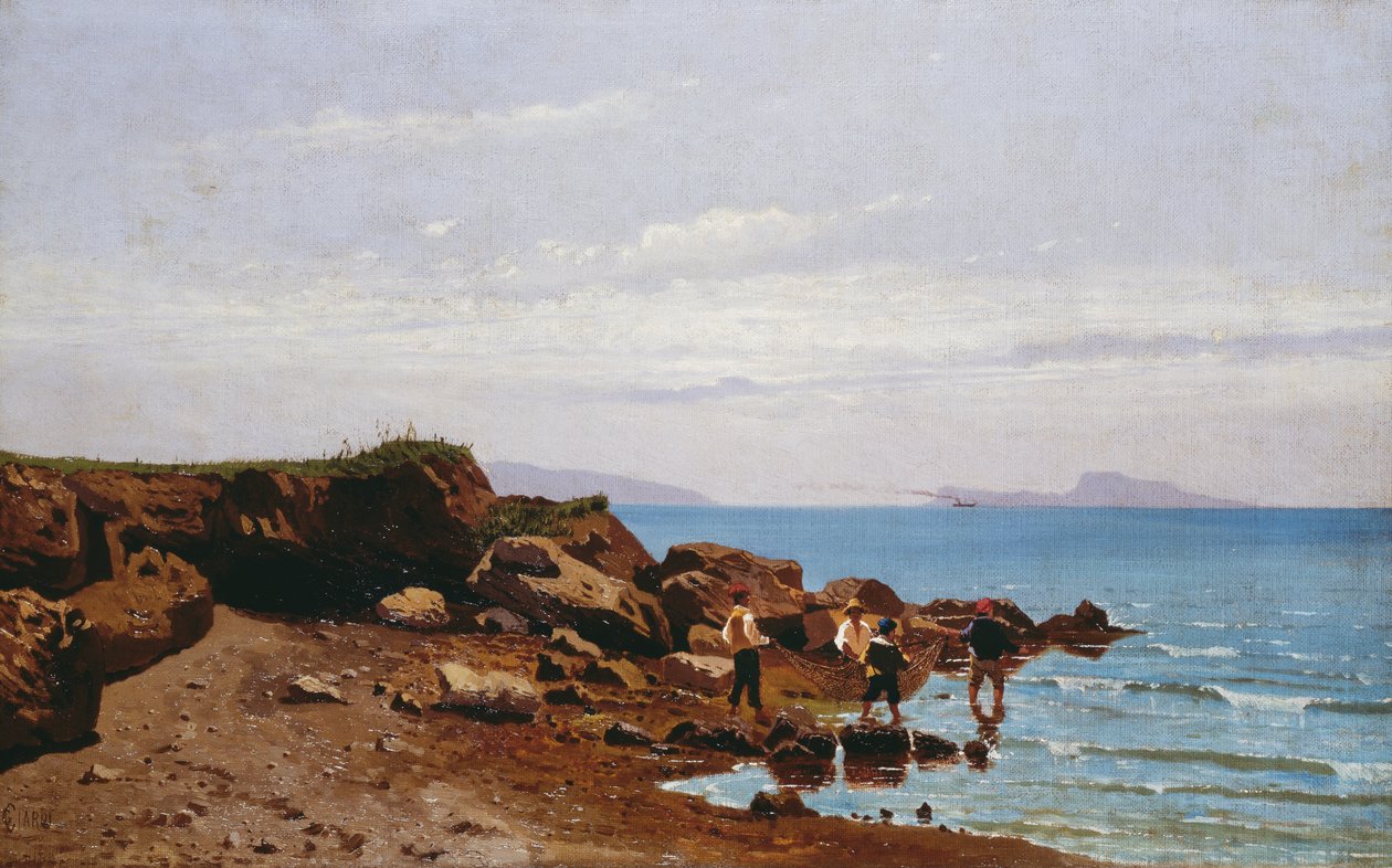 那不勒斯海岸的渔民，背景是卡普里岛，作者：Guglielmo Ciardi（1842-1917 年），布面油画，47.5x76.5 厘米 作者 古列尔莫·恰尔迪