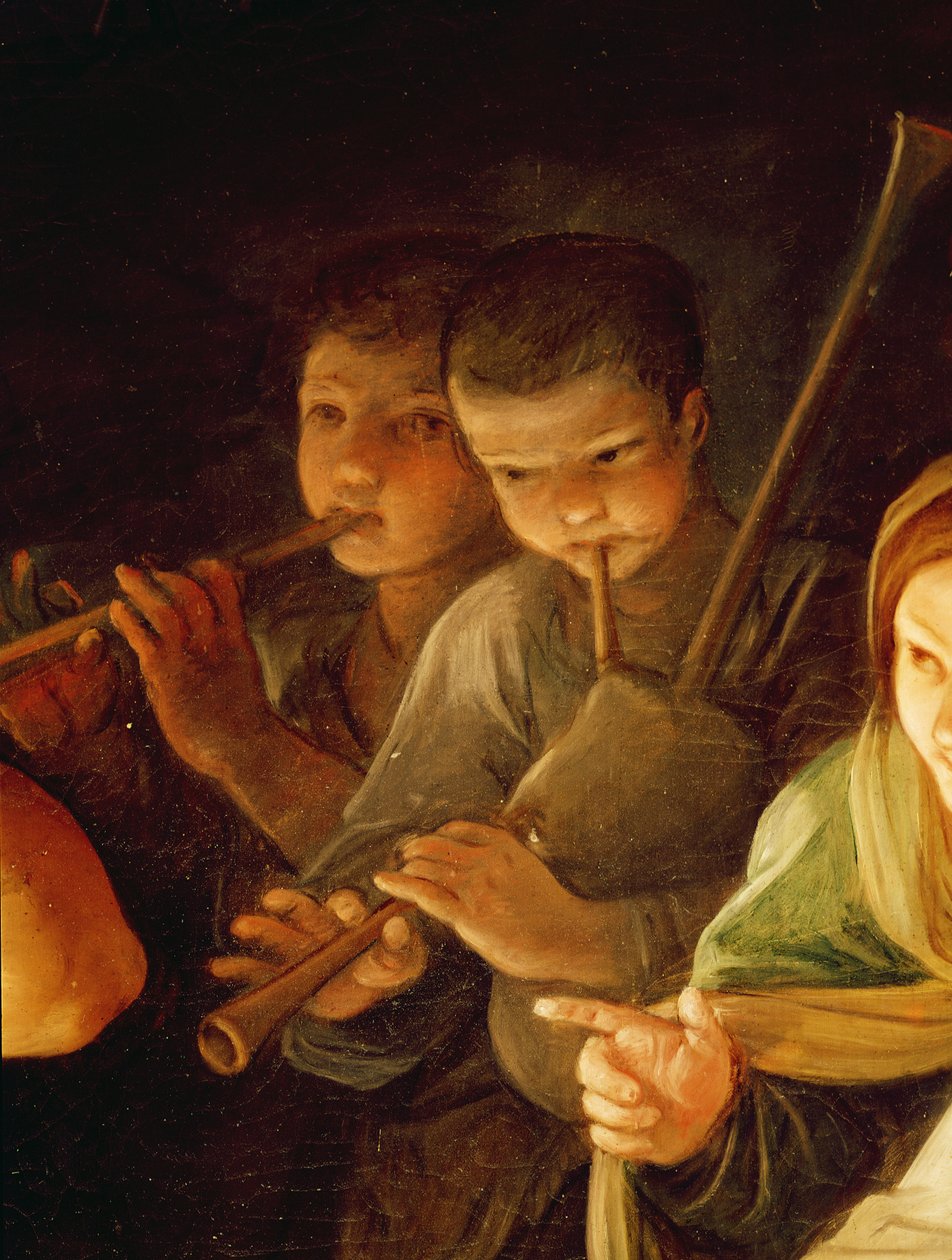 在背景中崇拜牧羊人细节的年轻音乐家，1642年在画布上油画 作者 吉多·雷尼（Guido Reni）