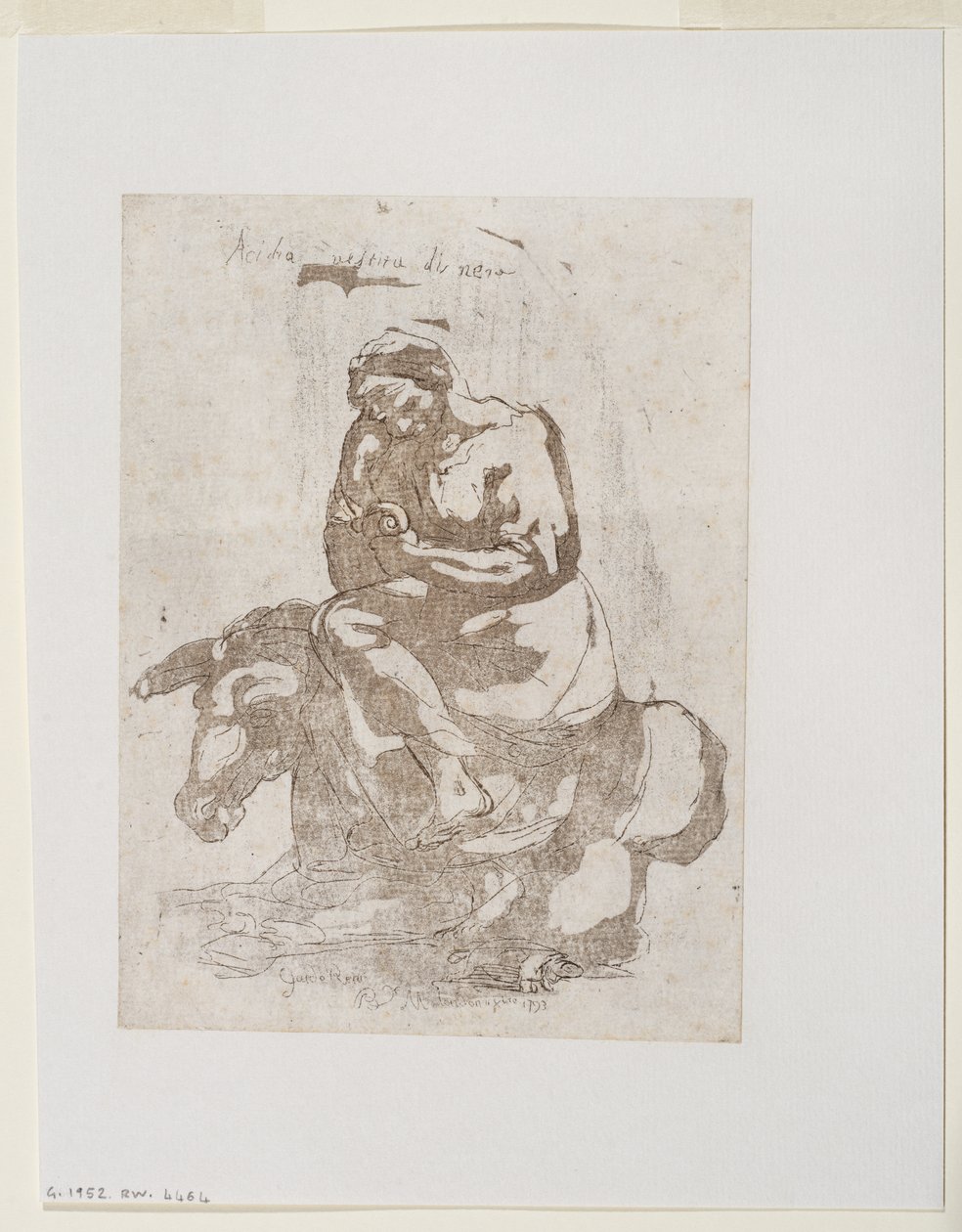 Acidia vestita di nero - 骑在驴子上的树懒，约 1793 年（采用黑色蚀刻和凹版印刷）。 作者 圭多（之后）雷尼
