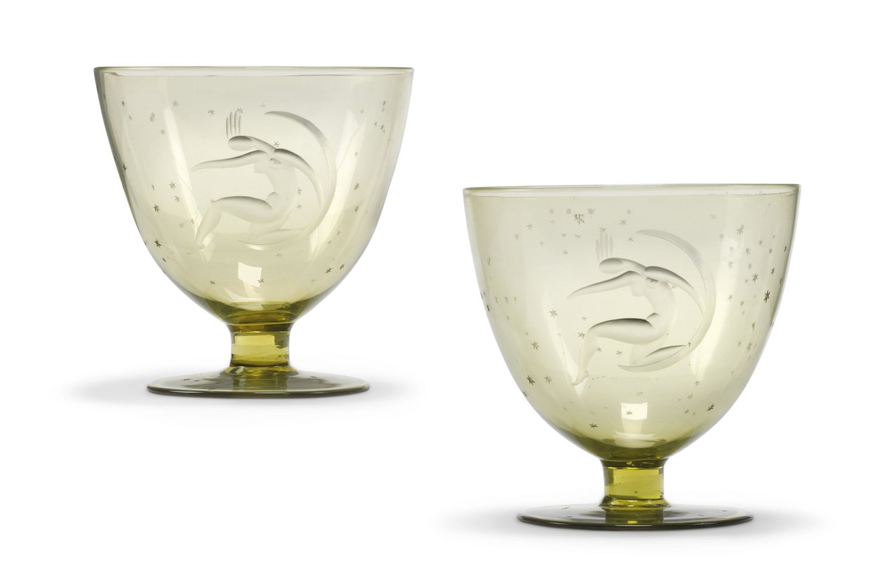 两个&39;La Luna&39;（月球）蚀刻圣杯，约1930年（手工吹制玻璃） 作者 吉多·巴尔萨莫·斯特拉（Guido Balsamo Stella）