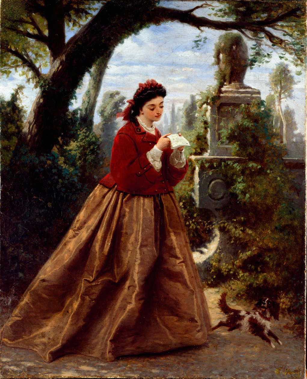 The letter Young woman reading a letter probably of love, in a romantic landscape. Painting by Guido Gonin (1833-1906) 1868 Genes, Galleria d