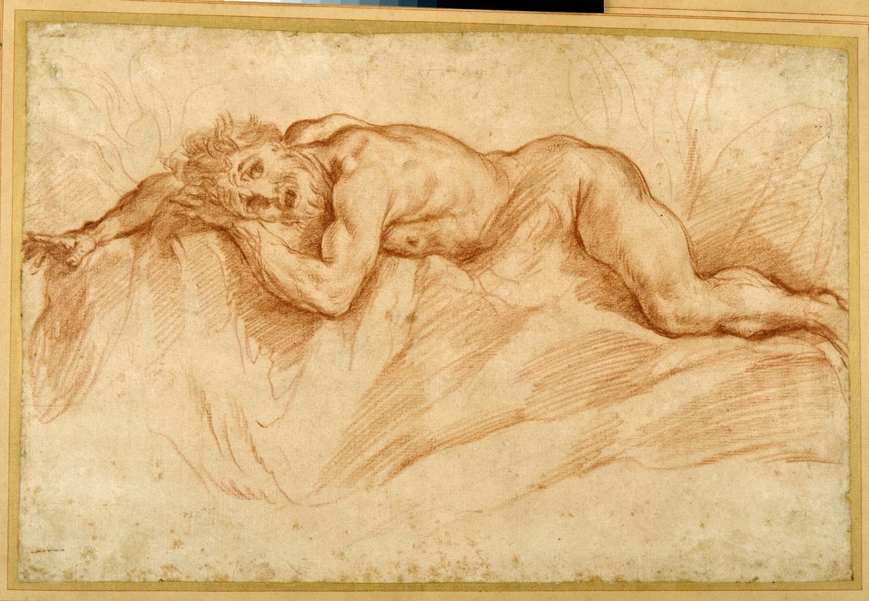 A terrified nude man, prone on rocky ground (red chalk on paper) 作者 吉多·雷尼（Guido Reni）