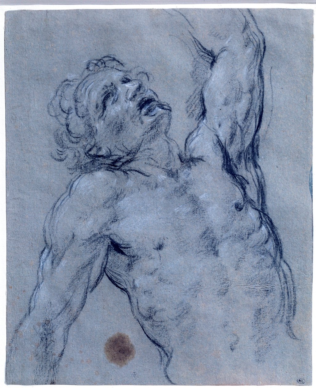半人像的裸男，向后翻转，假装接受了 Guido Reni 的黑石画，称为“指南”（1573-1642）。 太阳 0,26x0,21 m 巴黎，卢浮宫博物馆 作者 吉多·雷尼（Guido Reni）