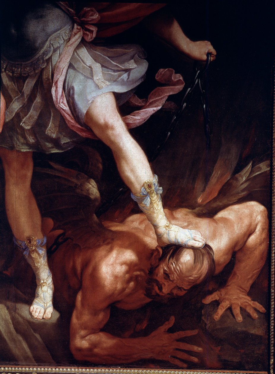圣迈克尔粉碎了恶魔的头。 凉鞋的细节（丝绸绘画 作者 吉多·雷尼（Guido Reni）