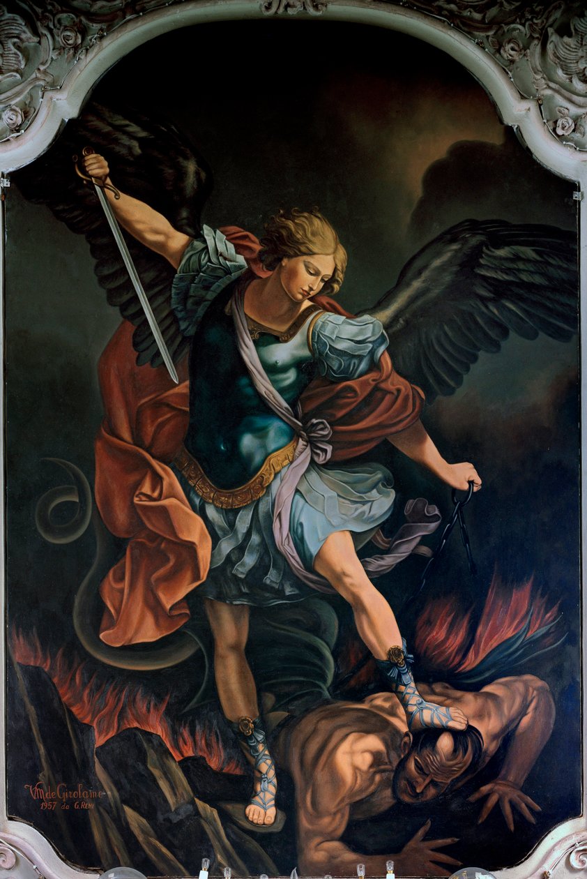 大天使圣米迦勒困龙》，V. M. De Girolamo（20 世纪）根据 Guido Reni 创作。1957 作者 吉多·雷尼（Guido Reni）