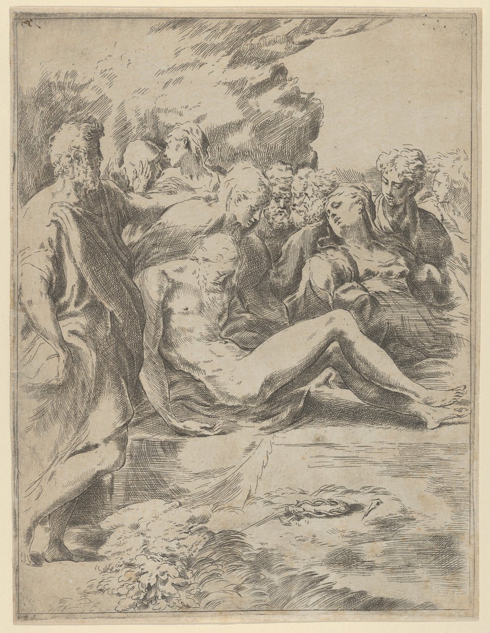 墓葬》，基督伸出双腿，圣母在右侧，1590-1600年。 作者 吉多·雷尼（Guido Reni）