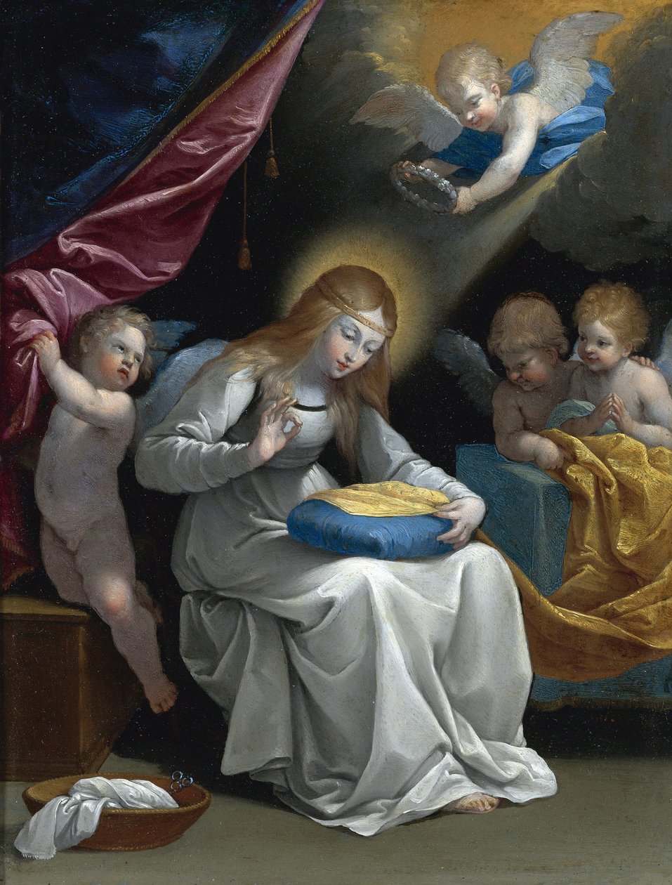 缝纫的圣母，由四位天使陪伴（La Couseuse） par Reni, Guido（1575-1642）。铜板油画，尺寸：28.5x21.5, ，私人收藏 作者 吉多·雷尼（Guido Reni）