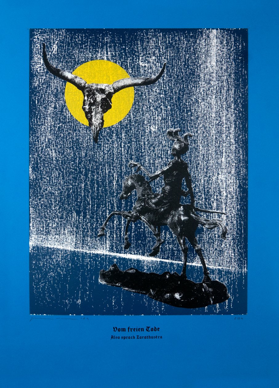 论自由死亡》，《查拉图斯特拉如是说》，2024 年（木刻和丝网版画） 作者 吉尔赫姆·庞特斯（Guilherme Pontes）