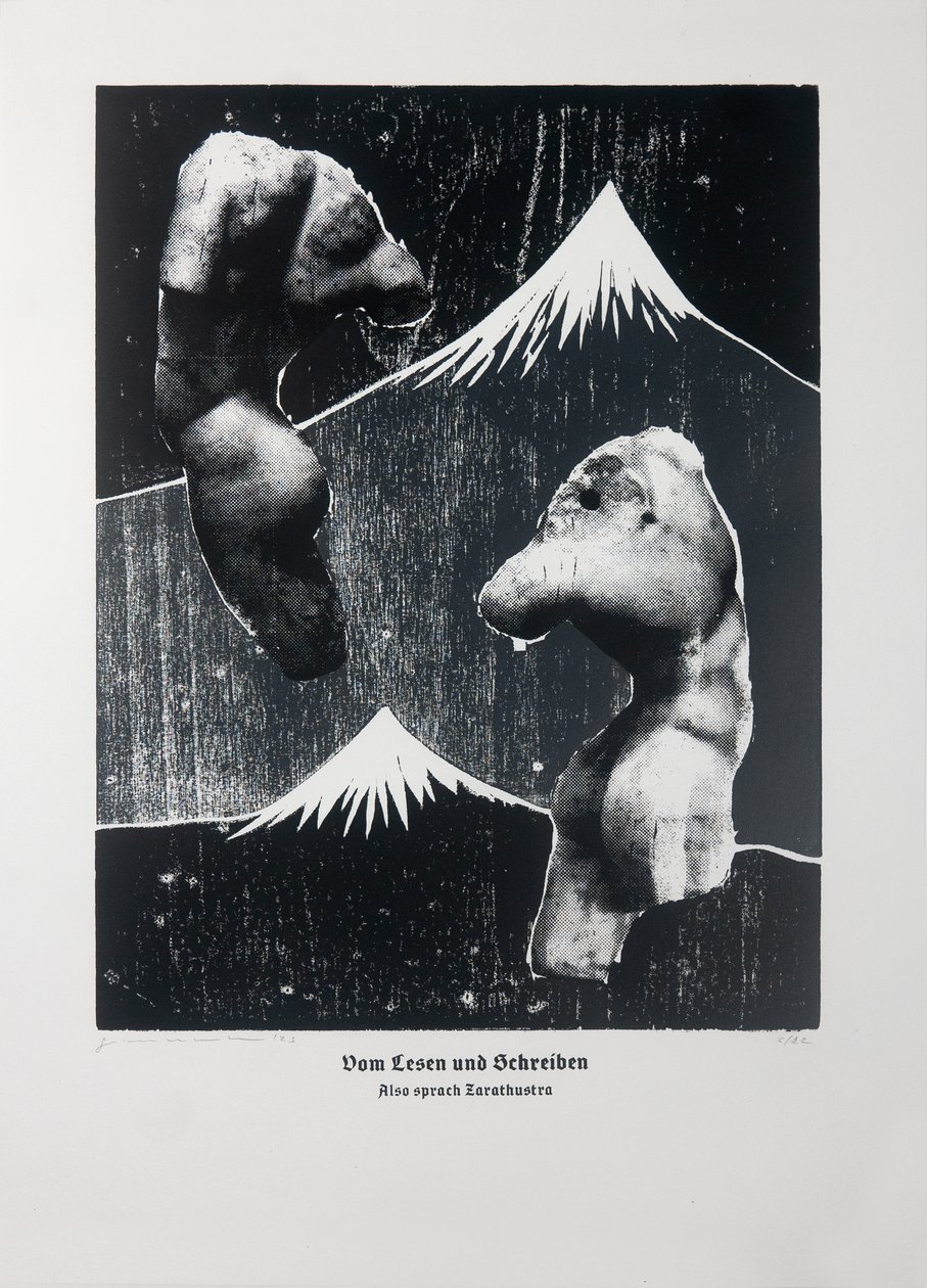 论阅读与写作（白）》，《查拉图斯特拉如是说》，2023 年（木刻和丝网版画） 作者 吉尔赫姆·庞特斯（Guilherme Pontes）