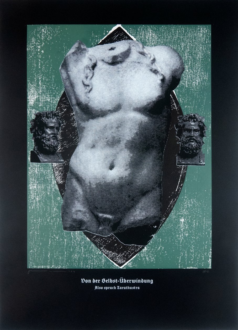 论自我超越，《查拉图斯特拉如是说》，2024 年（木刻和丝网版画） 作者 吉尔赫姆·庞特斯（Guilherme Pontes）