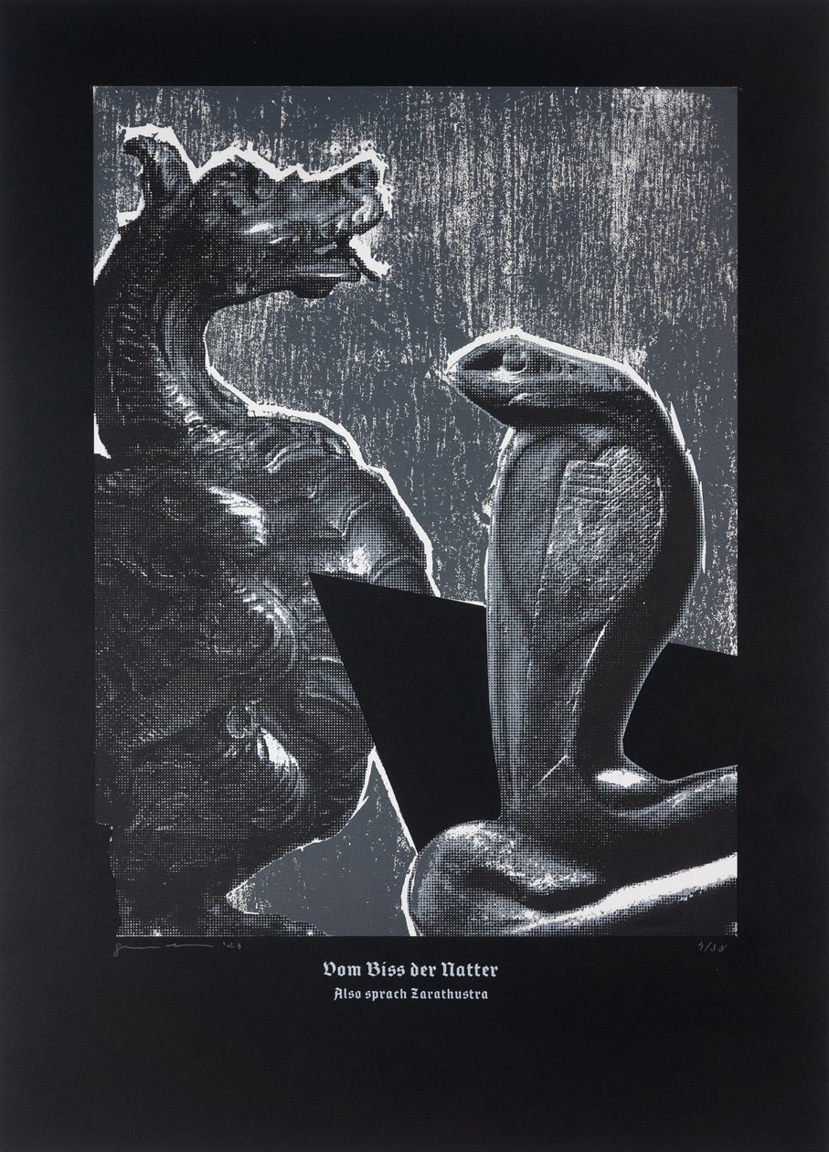 被蝰蛇咬了一口》，《查拉图斯特拉如是说》，2024 年（木刻和丝网版画） 作者 吉尔赫姆·庞特斯（Guilherme Pontes）