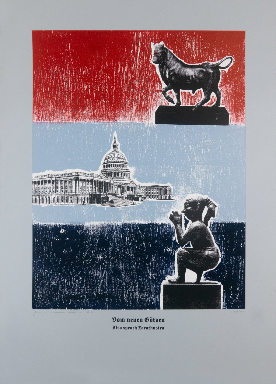 关于新偶像，查拉图斯特拉如是说，2024 年（木刻和丝网版画） 作者 吉尔赫姆·庞特斯（Guilherme Pontes）