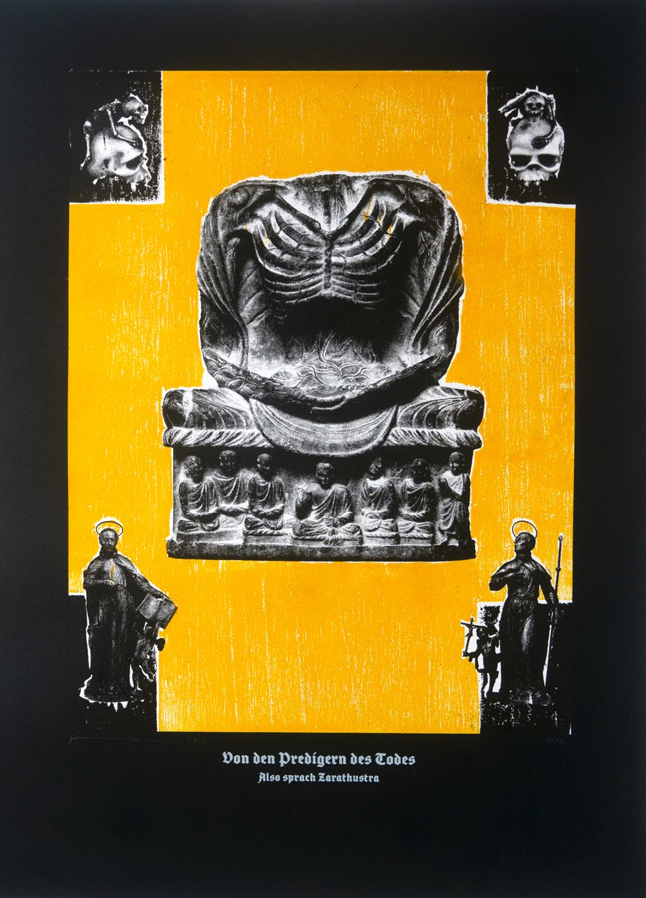 论死亡的布道者》，《查拉图斯特拉如是说》，2023 年（木刻和丝网版画） 作者 吉尔赫姆·庞特斯（Guilherme Pontes）