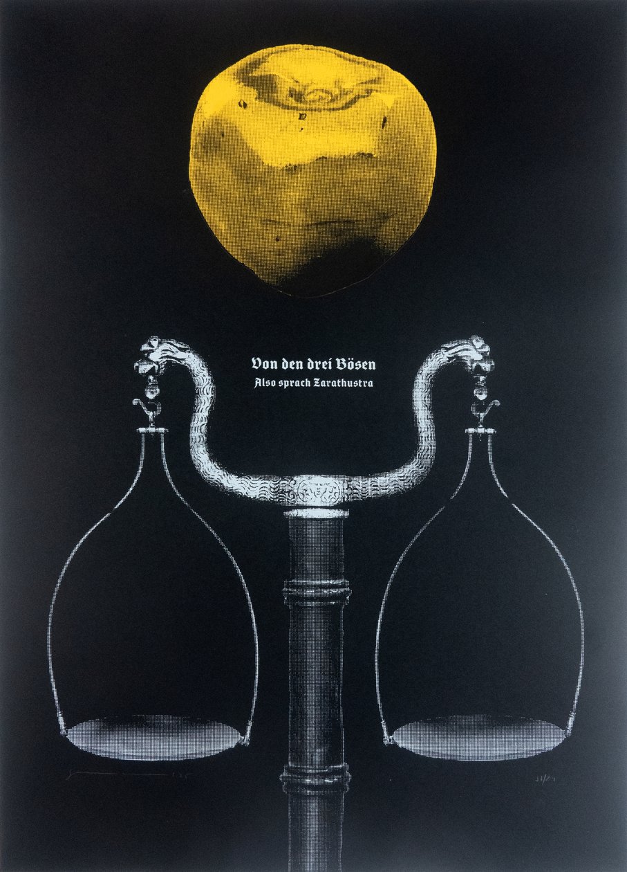 论三恶，查拉图斯特拉如是说，2025 年（木刻和丝网版画） 作者 吉尔赫姆·庞特斯（Guilherme Pontes）