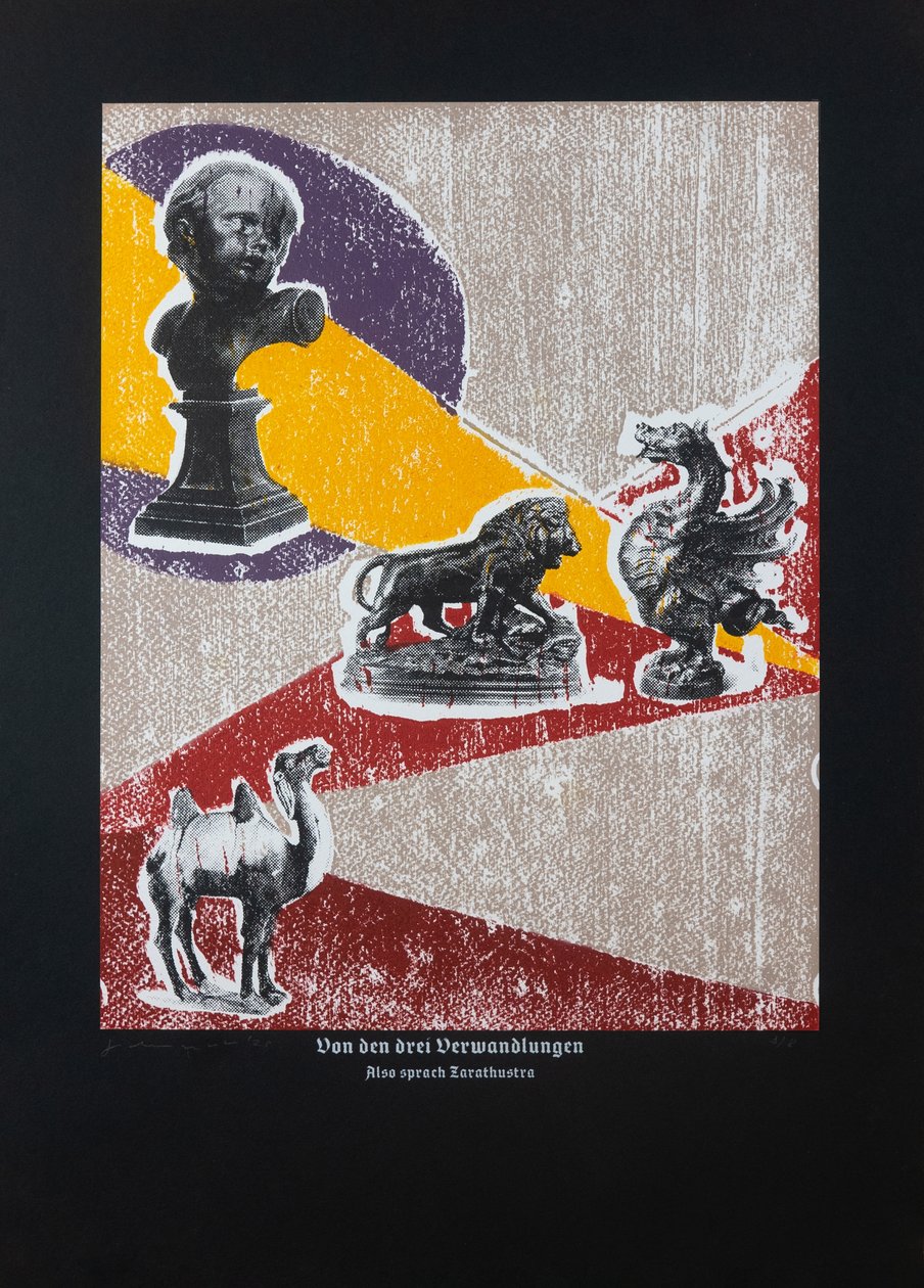 论《查拉图斯特拉如是说》的三个变形，2022（木刻和丝网印刷） 作者 吉尔赫姆·庞特斯（Guilherme Pontes）