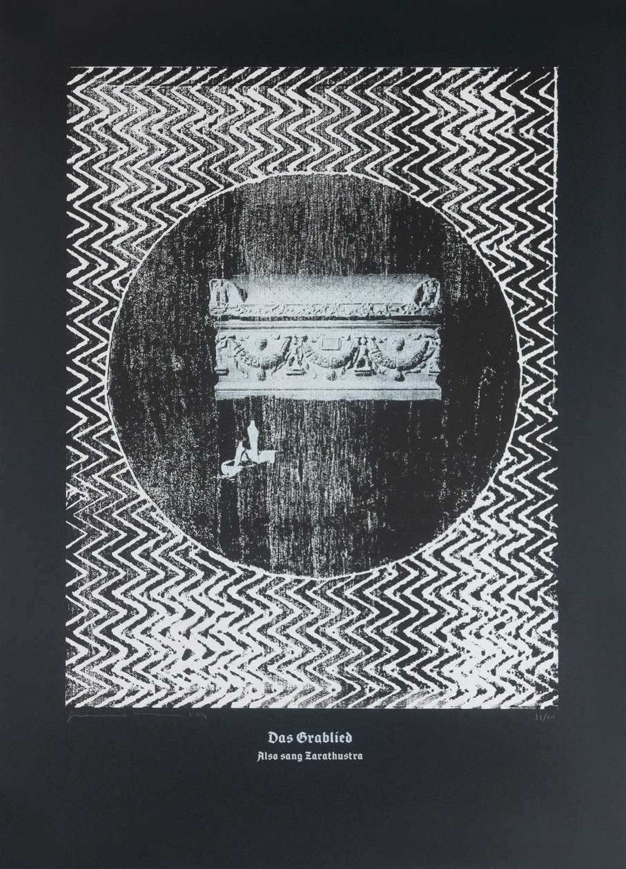 墓歌》，《查拉图斯特拉如是说》，2024 年（木刻和丝网版画） 作者 吉尔赫姆·庞特斯（Guilherme Pontes）