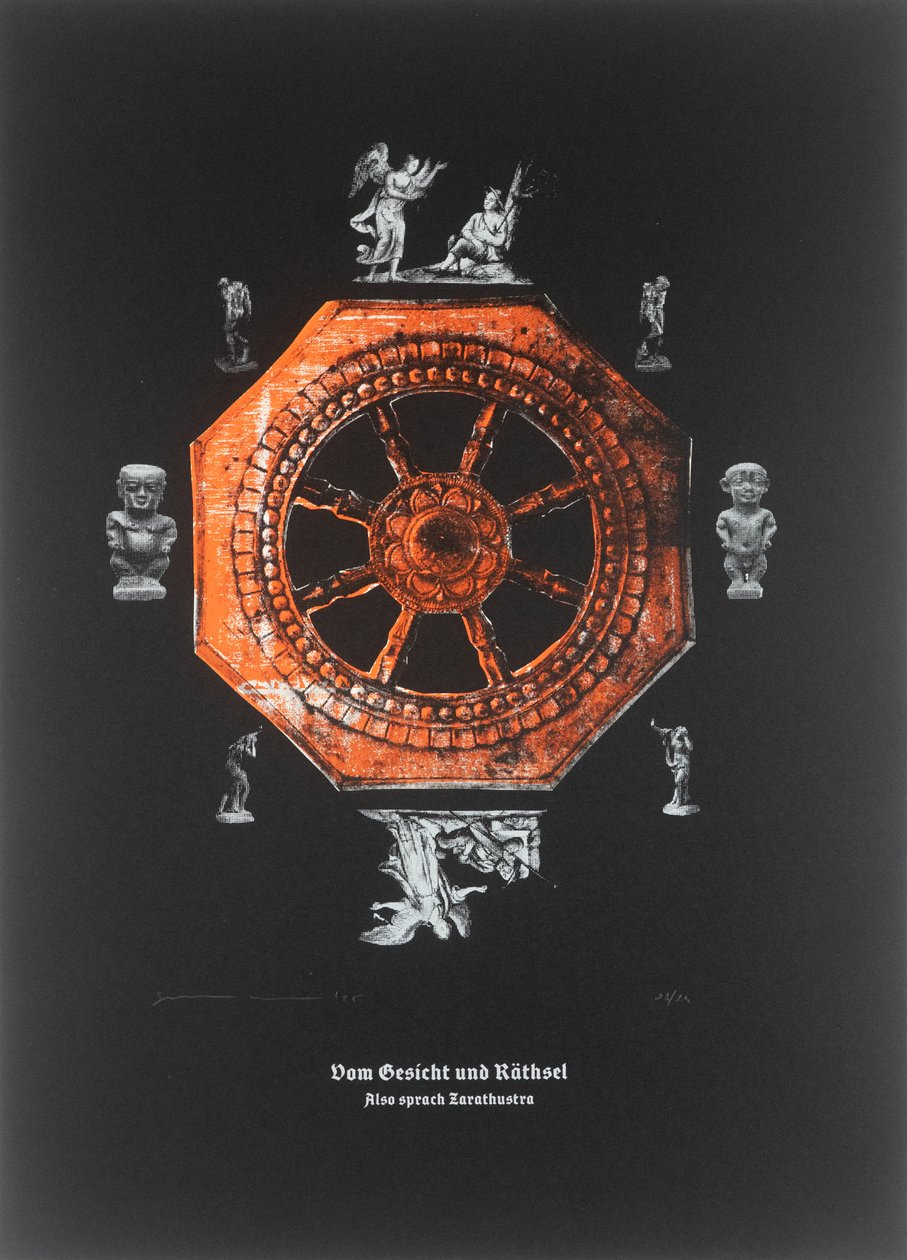 幻象与谜语》，《查拉图斯特拉如是说》，2025 年（木刻和丝网版画） 作者 吉尔赫姆·庞特斯（Guilherme Pontes）