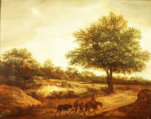 树林里的风景，小路上的旅行者，远处的小木屋 作者 Guillam de Vos