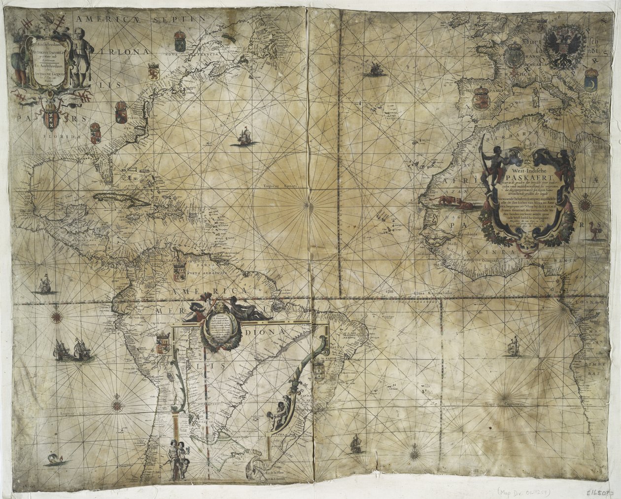 荷兰西印度公司的领土馆藏，1710年（手工彩色印刷在牛皮纸上） 作者 纪尧姆和让·布劳