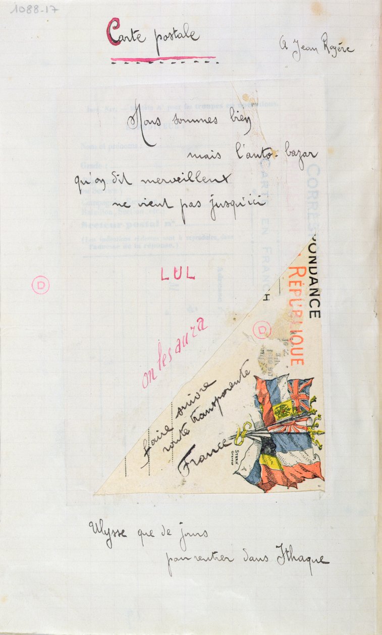 &39;Carte-Postale&39;，献给Jean Royere的诗歌，来自&39;Case d&39;Armons&39;系列，1915年（笔墨和纸上拼贴画） 作者 纪尧姆·阿波利奈尔