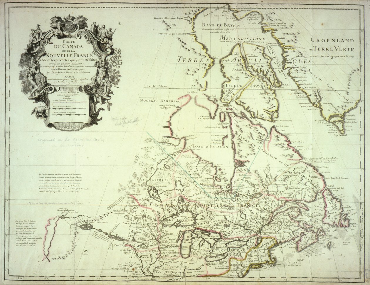 加拿大地图，出版巴黎，1703年（手工彩色雕刻） 作者 纪尧姆·德利斯（Guillaume Delisle）