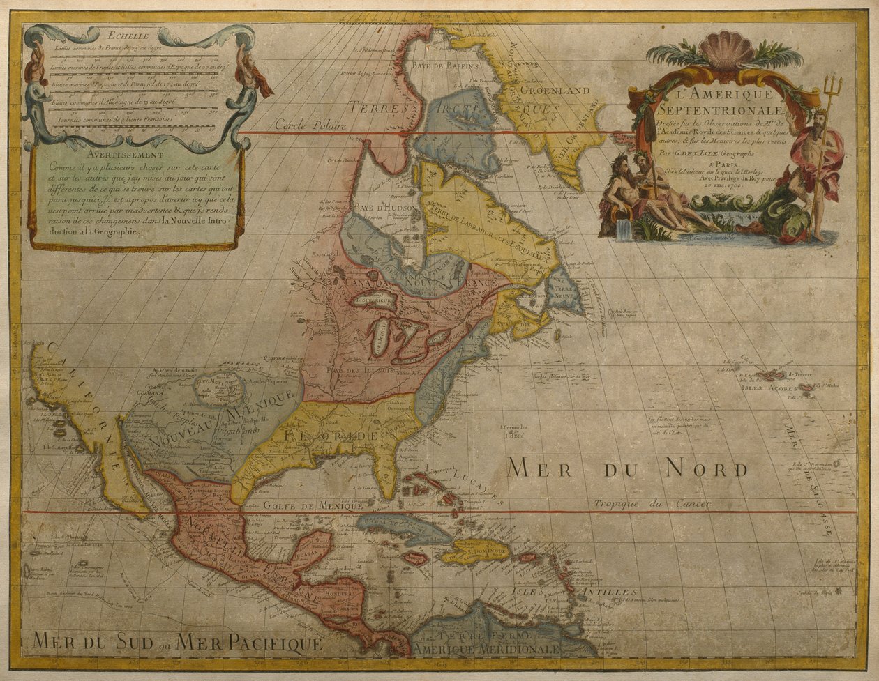 巴黎中央和北美地图，1700年出版（彩色版画） 作者 纪尧姆·德利斯（Guillaume Delisle）