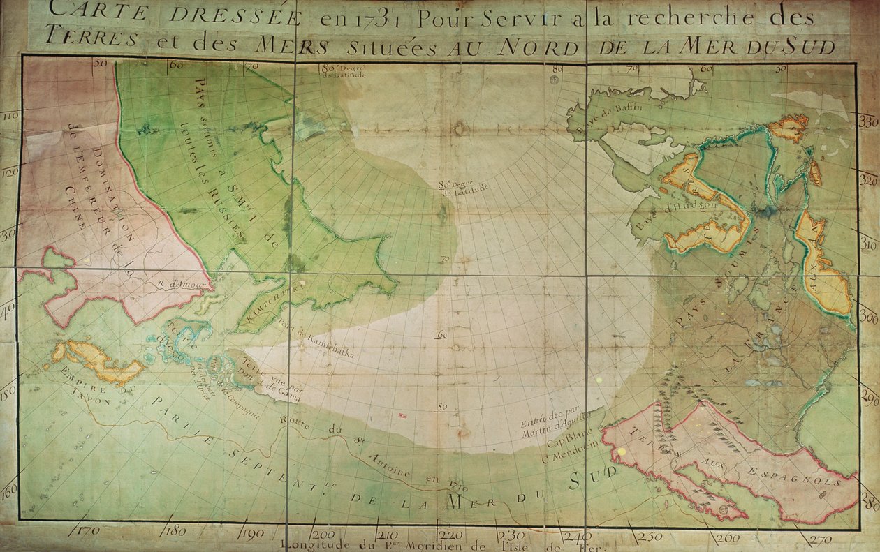 南海北部，西伯利亚东部和新法兰西部的新发现地图，1731年 作者 纪尧姆·德利斯（Guillaume Delisle）