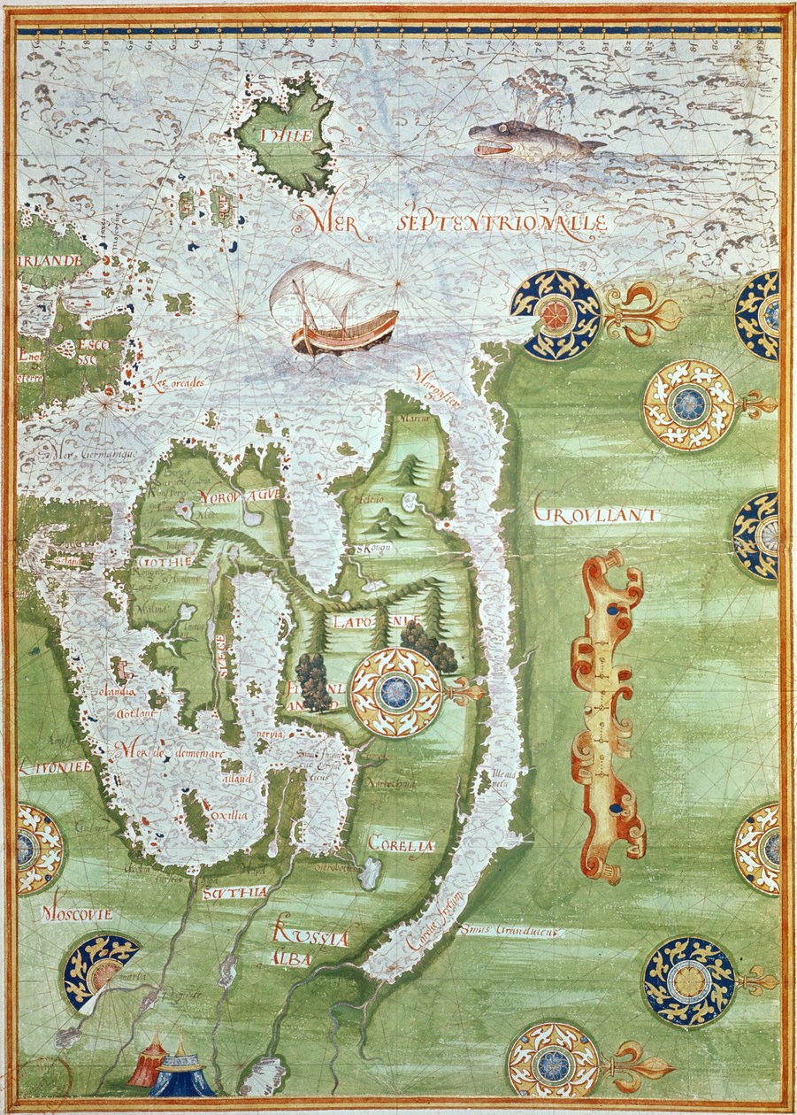 Fol.10v斯堪的纳维亚和俄罗斯北部地图，来自&39;Cosmographie Universelle&39;，1555 作者 Guillaume Le Testu