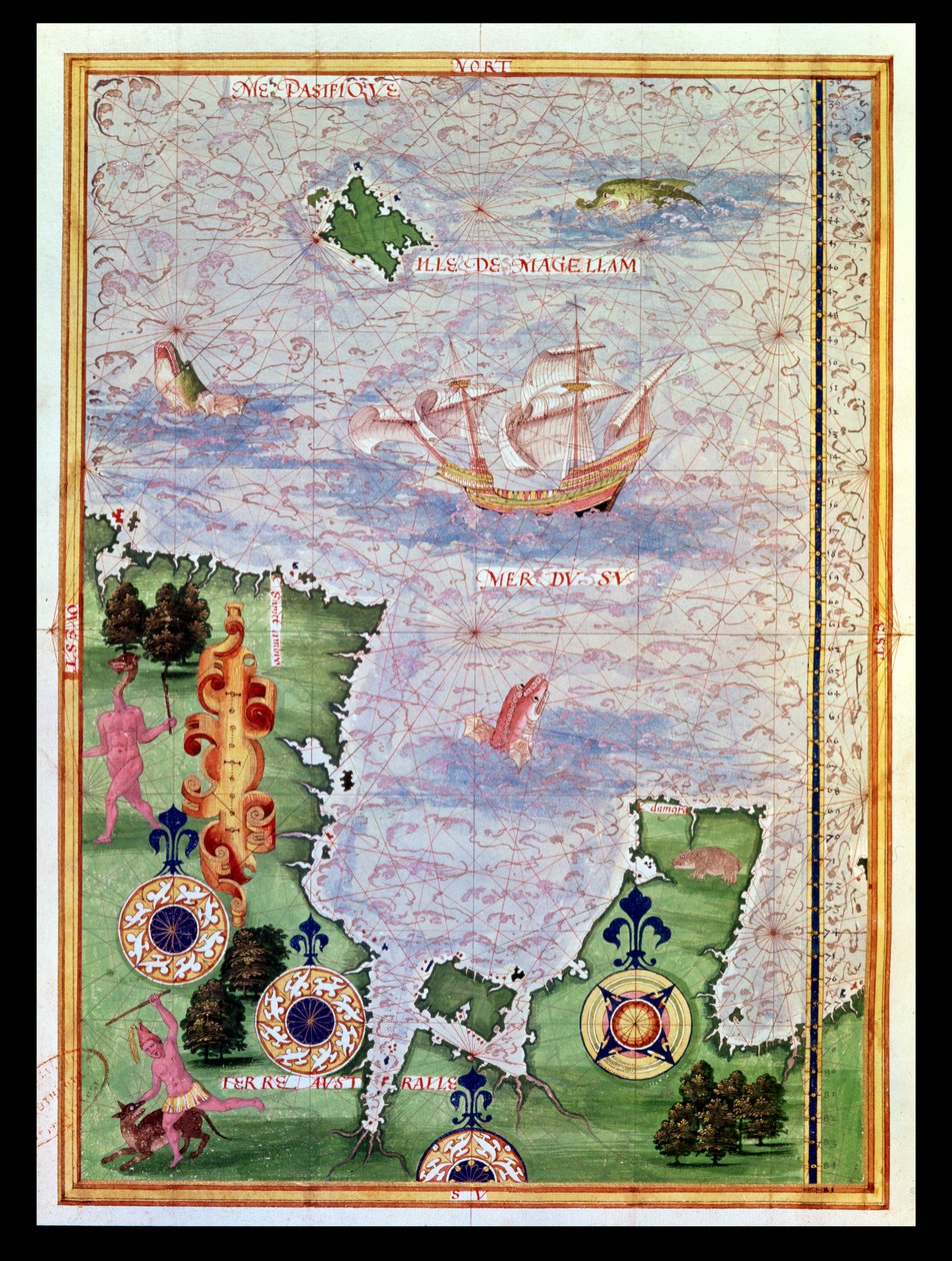 Folignv来自&39;Cosmographie Universelle&39;的澳大利亚和麦哲伦岛地图，1555年 作者 Guillaume Le Testu