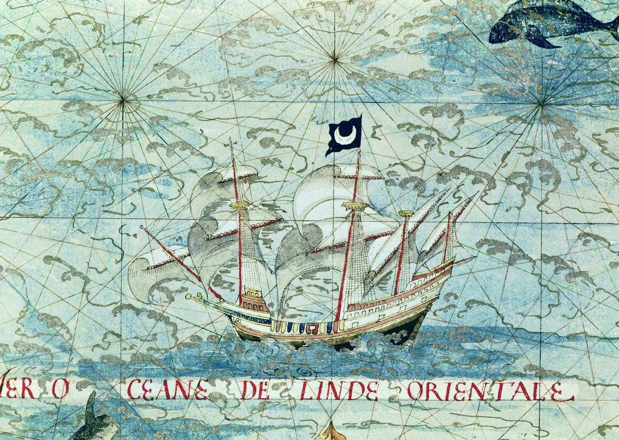 Fol.36v A Caravel，来自&39;Cosmographie Universelle&39;，1555 作者 Guillaume Le Testu