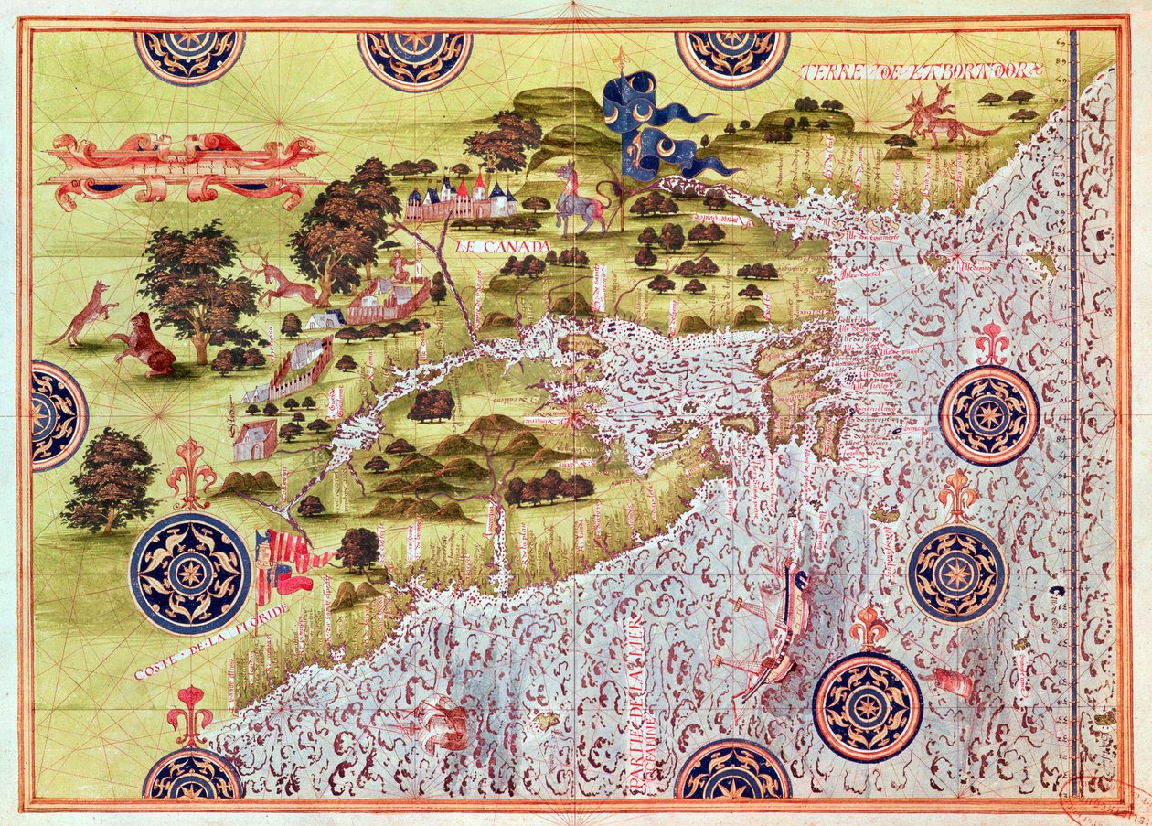 Fol.57v加拿大和佛罗里达地图，来自&39;Cosmographie Universelle&39;，1555 作者 Guillaume Le Testu