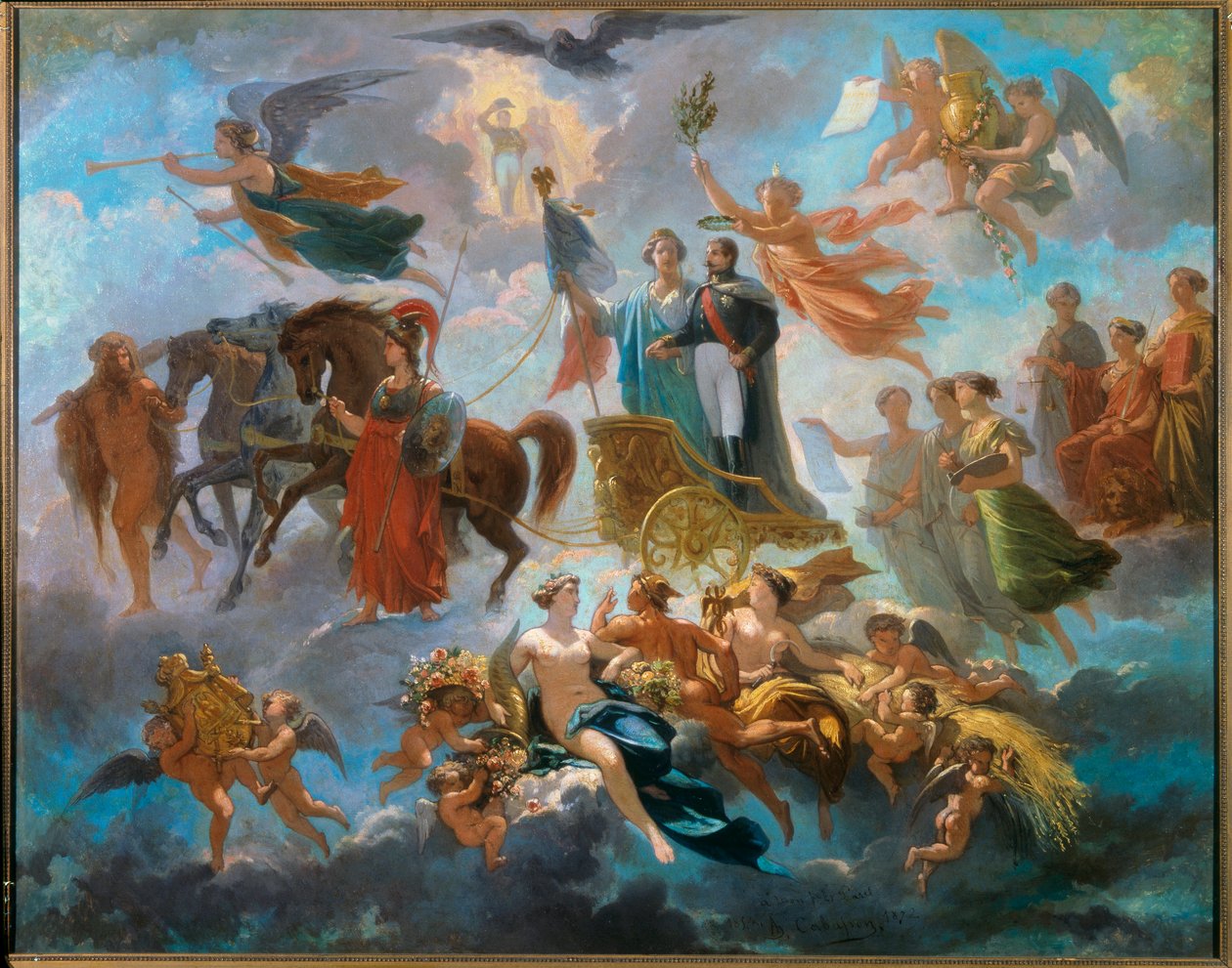 拿破仑三世的神化（1808-1873） 寓意为皇帝王冠的胜利，在战车上，在神话人物雅典娜、赫拉克勒斯、赫尔墨斯之间。Alphonse Cabasson (1814-1884)的画作，1854年太阳。0.65 X 0.81米 贡比涅 作者 纪尧姆·阿方斯·哈朗·卡巴森
