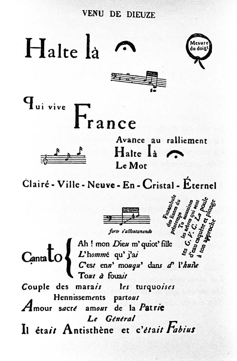 纪尧姆-阿波利奈尔（1880-1918）的Calligram（rhebus）："Come of Dieuze"。 作者 纪尧姆·阿波利奈尔