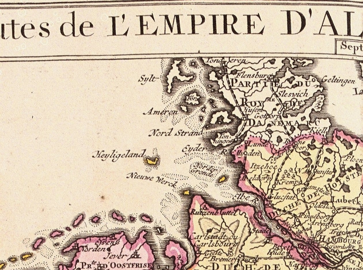 从德意志帝国的地图上了解Heligoland的细节，1730年 作者 纪尧姆·德利斯（Guillaume Delisle）