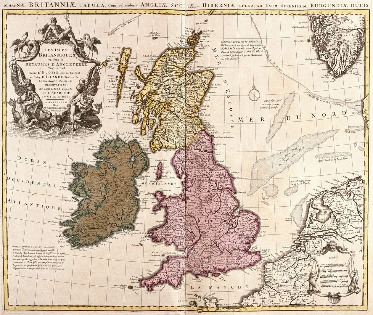 不列颠群岛、英格兰、苏格兰和爱尔兰王国地图（蚀刻版） 作者 纪尧姆·德利斯（Guillaume Delisle）