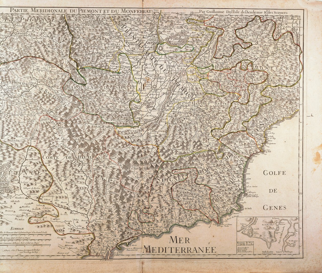 南皮埃蒙特大区、蒙费拉托和西利古里亚大区。地图由Guillaume de l