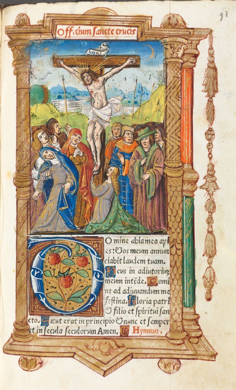 罗马的小时使用印刷书：fol。 55r，被钉十字架，1510。 作者 Guillaume Le Rouge