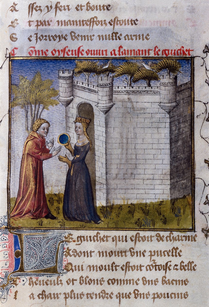 A gallant scene between two lovers: the girl invites her lover to enter. Miniature from “" Le Romanesque de la Rose "” by Guillaume de Lorris 作者 纪尧姆·德·洛里斯（Guillaume de Lorris）