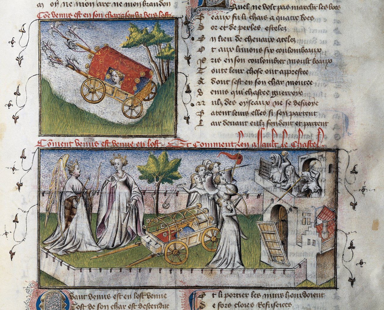 How Venus arrives and stormed the castle built by jealousy, Miniature by Guillaume Lorris from the manuscript Le Romanesque de la Rose, 作者 纪尧姆·德·洛里斯（Guillaume de Lorris）