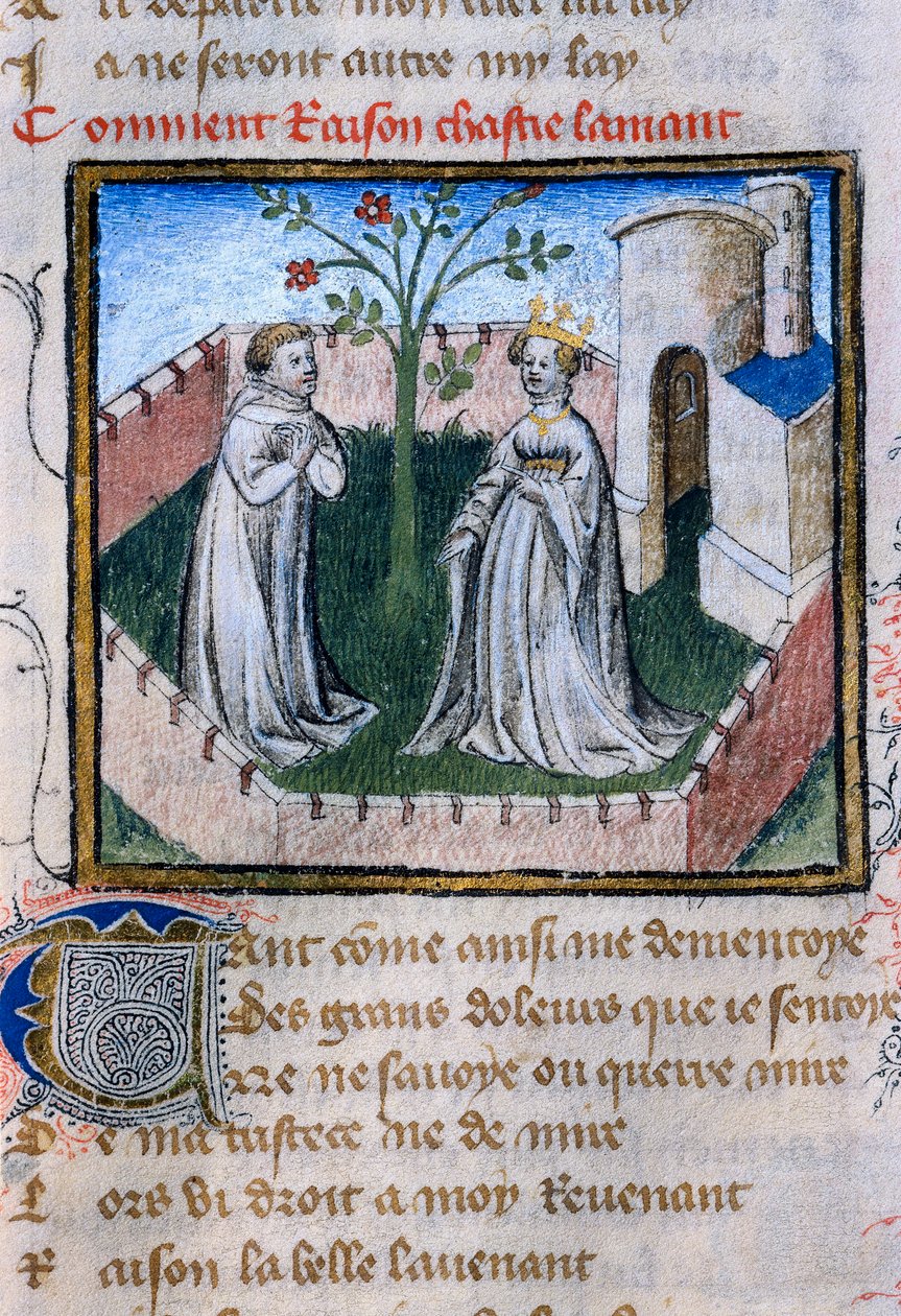 代表一对恋人靠近一朵玫瑰，“Roman de la Rose”中的缩影 作者 纪尧姆·德·洛里斯（Guillaume de Lorris）