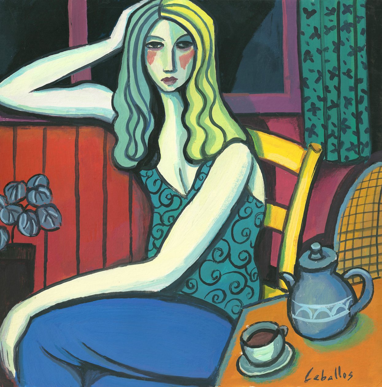 喝茶的女孩，2008 年（纸上水粉画） 作者 