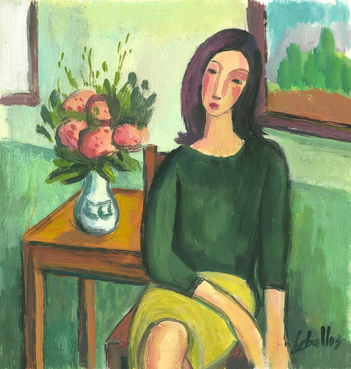 有绣球花的女孩，2012 年（纸上水粉画） 作者 