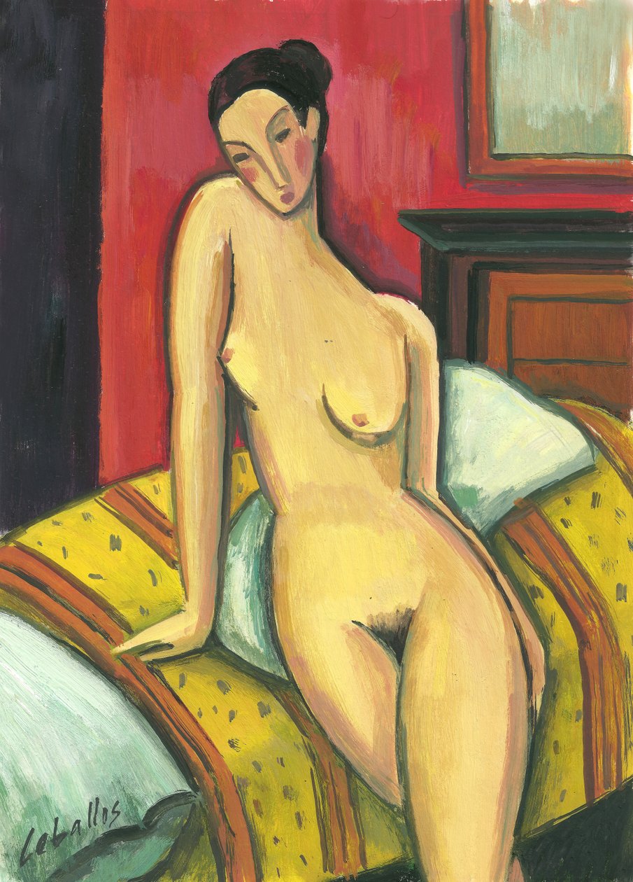靠在床上的裸体，2010 年（水粉画，纸本） 作者 