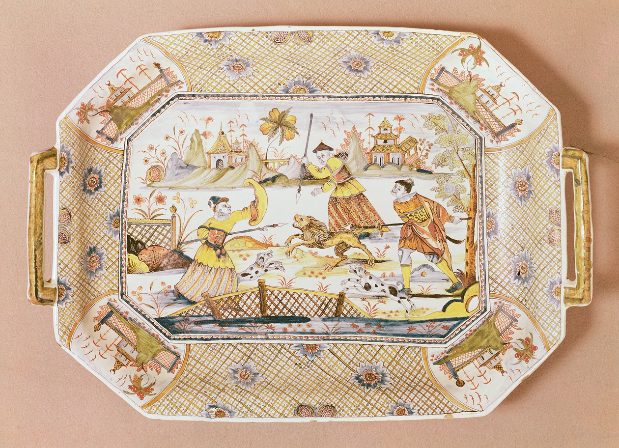 八角形的中国模式的狮子狩猎，c.1730（陶瓷） 作者 吉利波