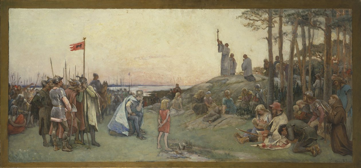 Saint Anschaire (Anschaire de Breme, Oscar ou Ansgar, 801-865) prechant le christianisme - Ansgar Preaching Christian，Cederstroem, Gustaf (1845-1933)。 布面油画 作者 古斯塔夫·奥拉夫·塞德斯特罗姆